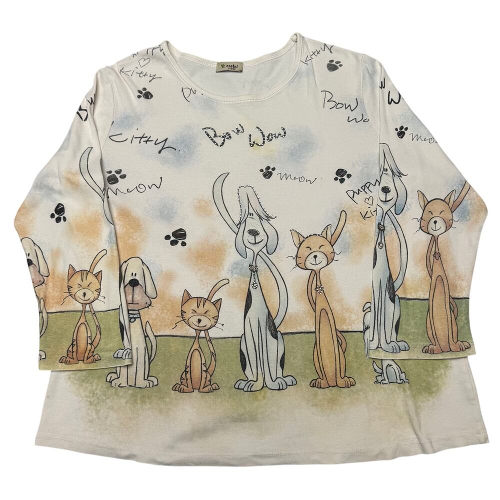Vintage Y2K Cactus Cat Dog AOP Tee Shirt Women's XL Artsy Indie Sparkles